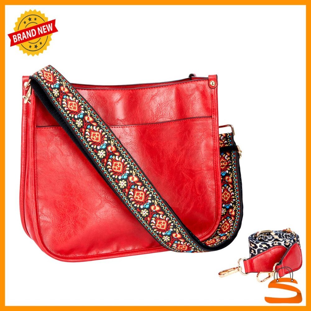 Vegan Leather Crossbody Bag With 2 Guitar Straps, 6 Pockets, Fits Ipad